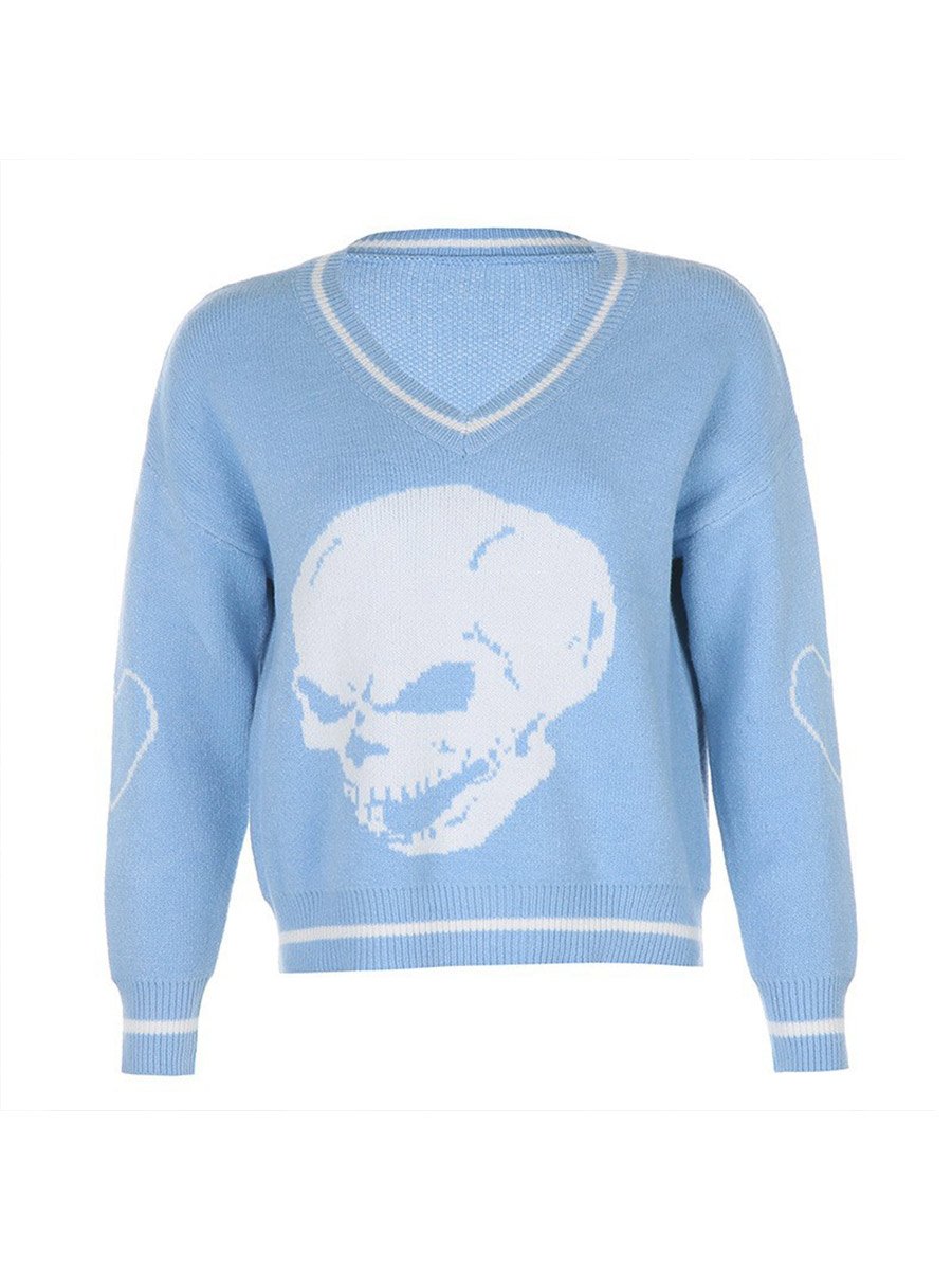 Women's Sweaters Skull Knit V Neck Casual Short Pullover Sweater