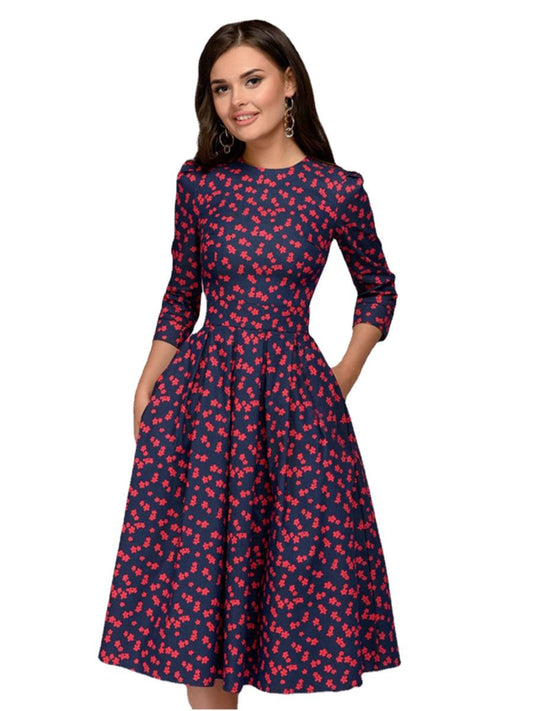 Women's Vintage Dress Floral Print 3/4 Sleeves Midi Evening Dress