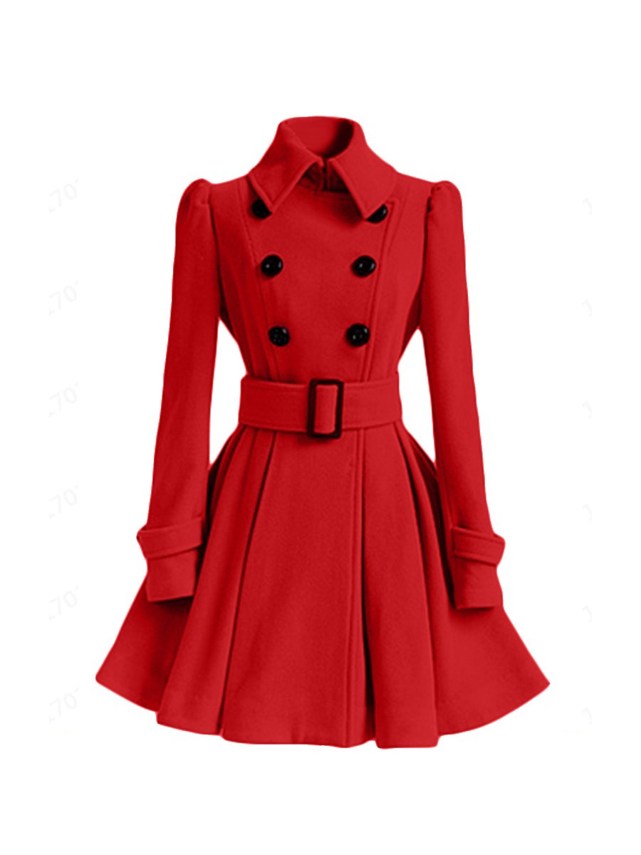 Women's Wool Coats Slim Lapel Collar Mid-length Belted A-line Wool Coats