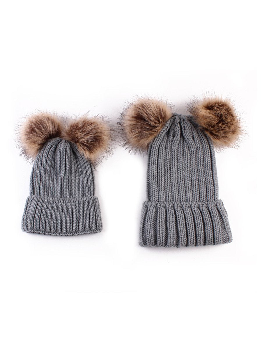 Woollen Hats Solid Color Parent-child Double Wool Ball Elasticity Knitted Hat