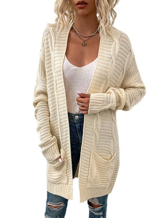 Women's Sweater Coats Knit Twisted Rope Pockets Mid-length Open Front Cardigans