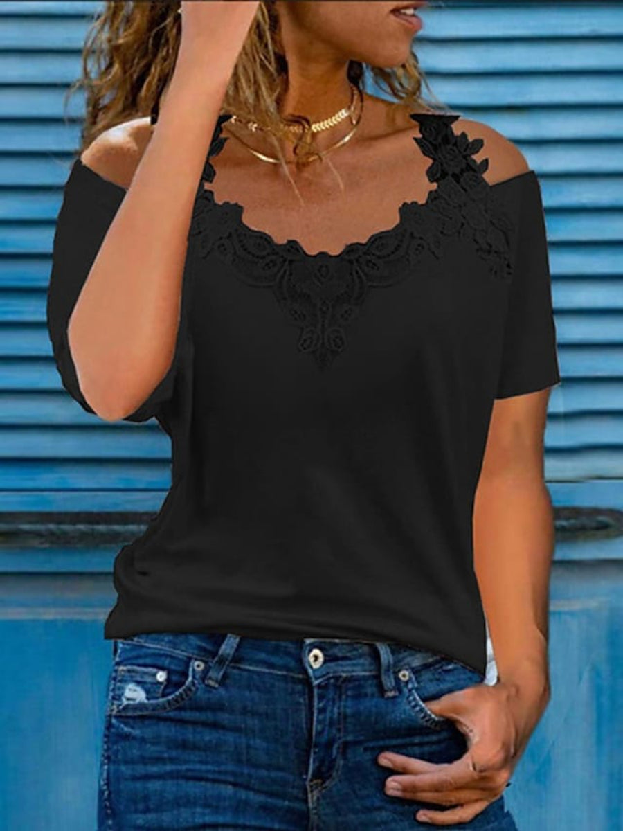 Women's T-shirt Plain Cut Out Lace Off The Shoulder V-Neck Tops