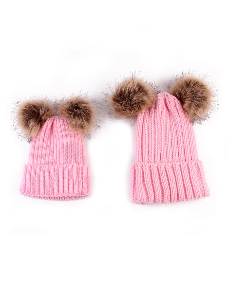 Woollen Hats Solid Color Parent-child Double Wool Ball Elasticity Knitted Hat