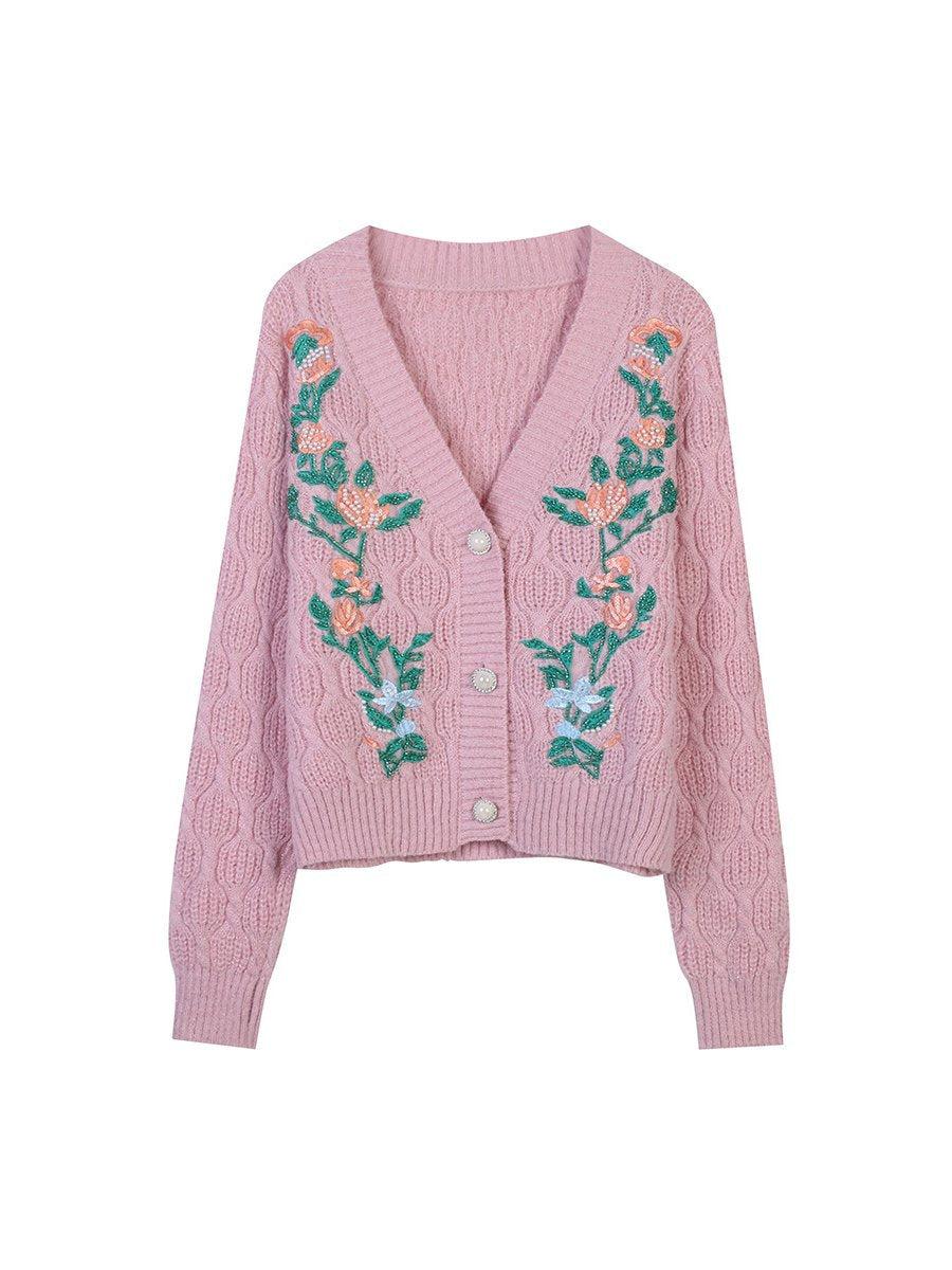 Women's Sweater Cardigans Flower Embroidery Loose V-neck Short Knitted Cardigans