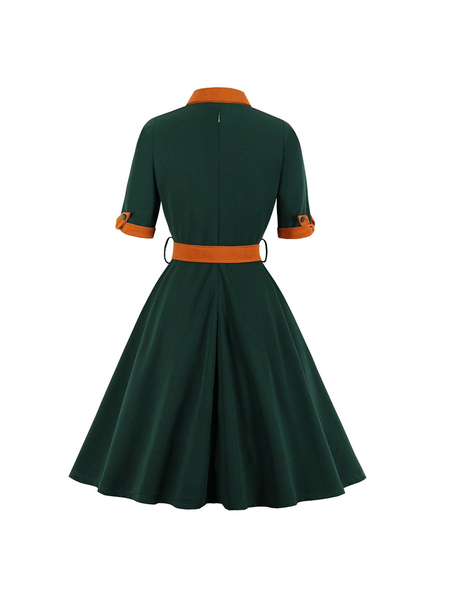 1950s Dress Retro O-neck Half Sleeve Swing Dress With Belt