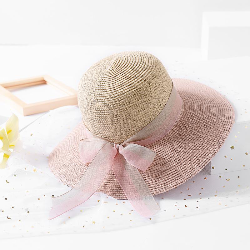 Women's Sun Straw Hats UV Protection Color Matching Ribbon Beach Travel Hats