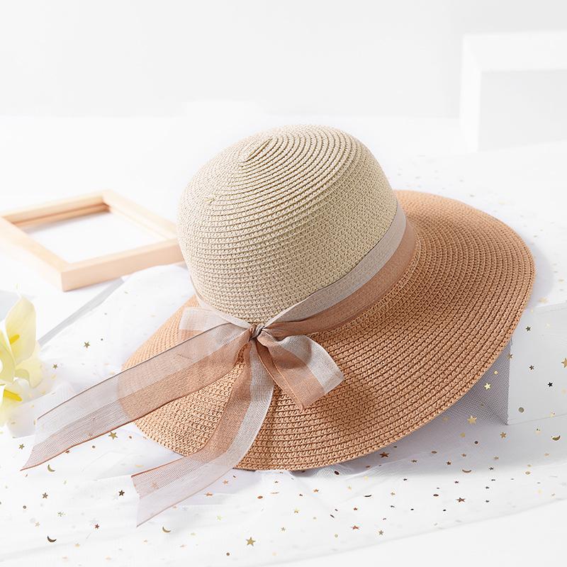 Women's Sun Straw Hats UV Protection Color Matching Ribbon Beach Travel Hats