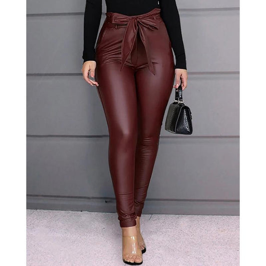 2 Colors Tie Waist Faux Leather Leggings