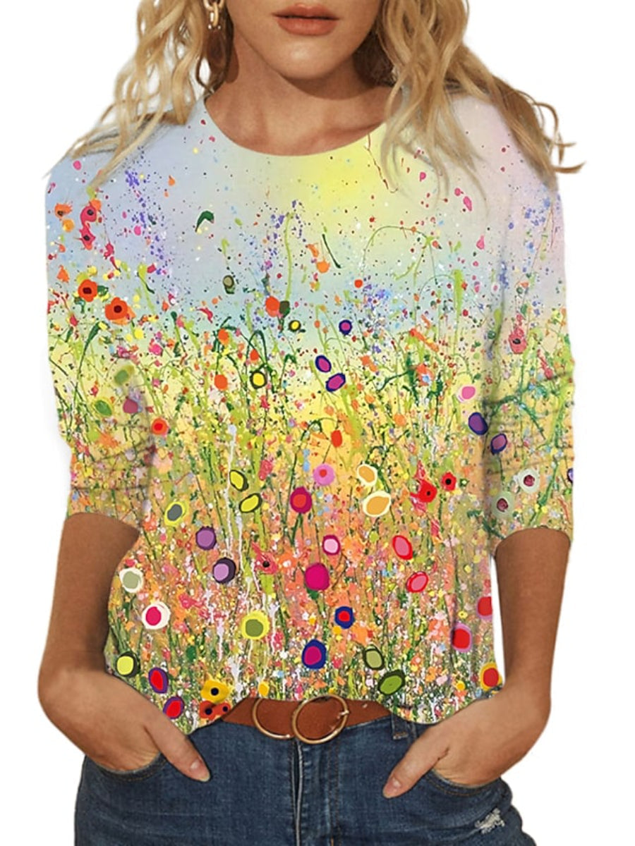 Women's T-shirt Abstract Painting Round Neck Long Sleeve Basic Tops