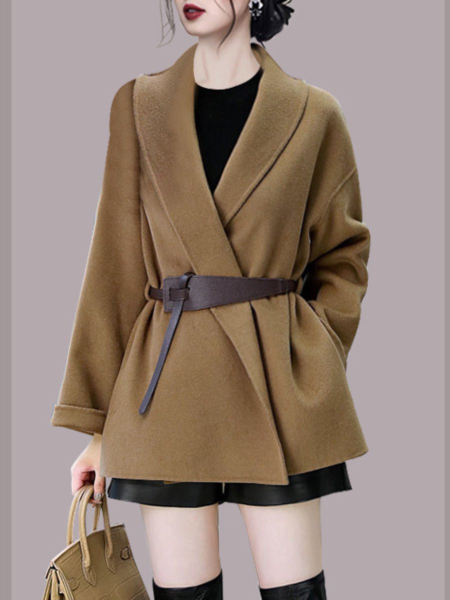 Women's Winter Coats Cross V-neck Long Sleeve Belt Casual Woolen Jackets