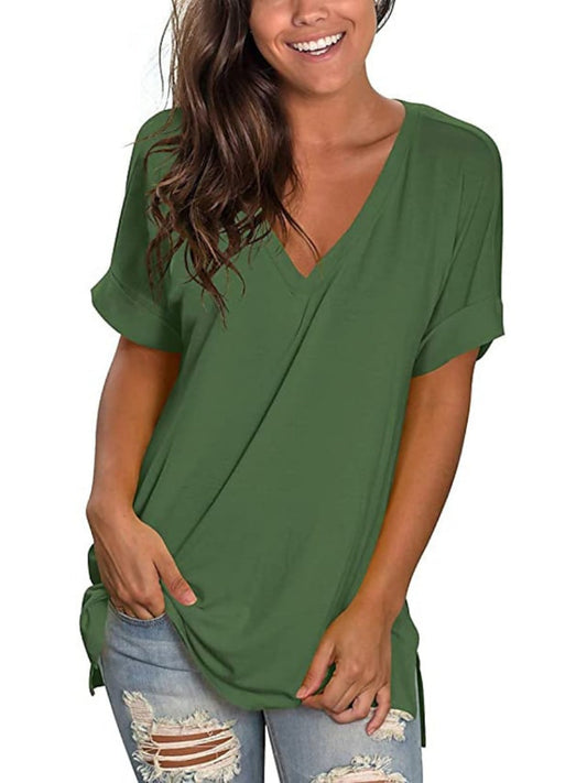 Women's T-shirt Plain V-Neck Solid Color Short Sleeve Basic Tops