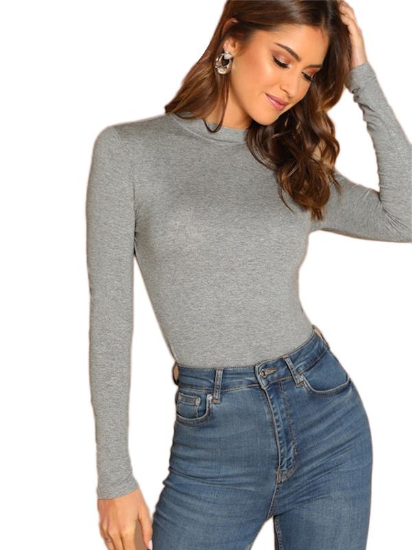 Womens T-shirt Gray Mock Neck Plain Long Sleeve Top