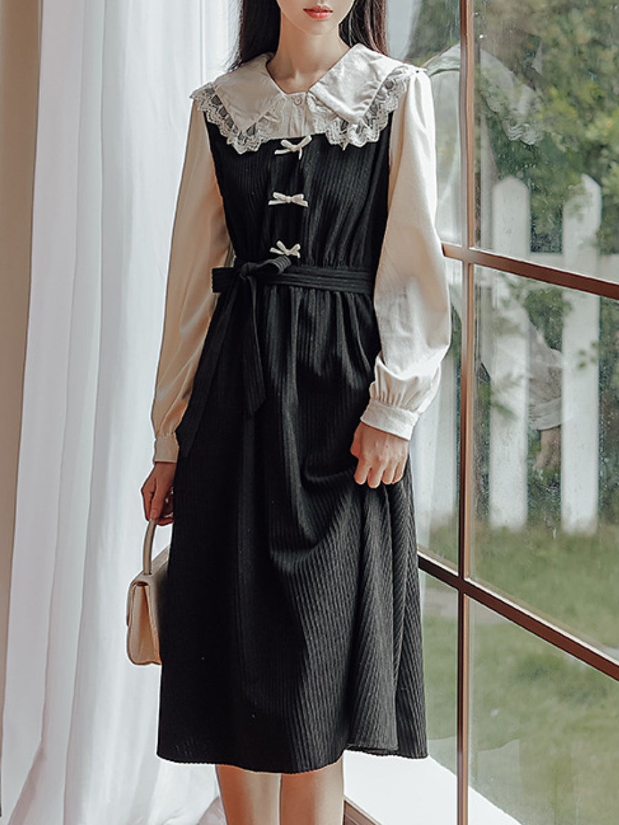 Women's Winter Dresses Ruffled Doll Collar Stitching Long-sleeved Retro One-piece Swing Dresses