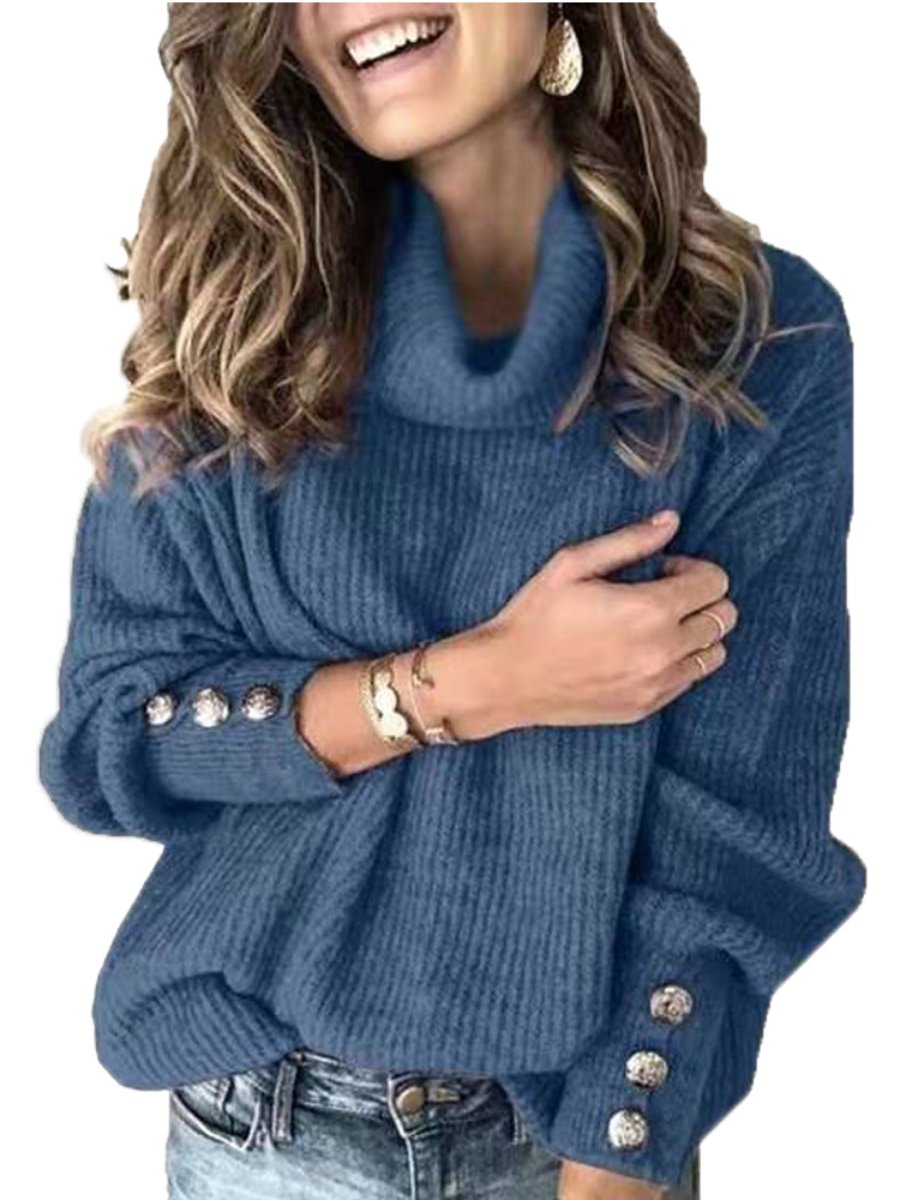 Women's Turtleneck Sweaters Button Decoration Lantern Sleeve Casual Knitted Sweaters