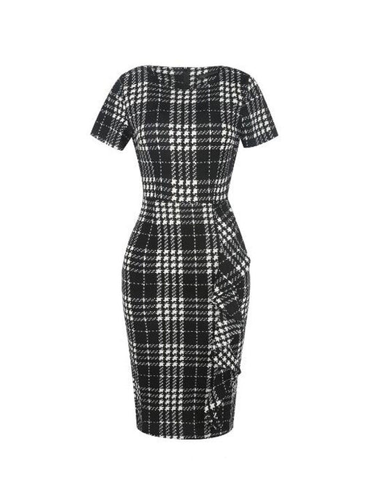 1960s Dress Plaid Print Ruffle Hem Short Sleeve Bodycon Dress