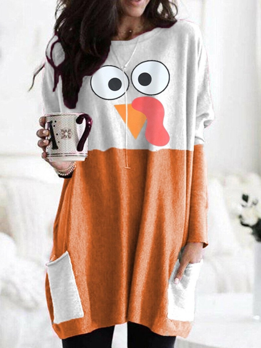 Women's T-shirts Thanksgiving Turkey Print Long Sleeve Pockets Casual Tops