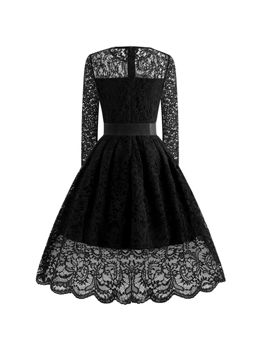 Womens Lace Dress Long Sleeve Belt Evening Dress