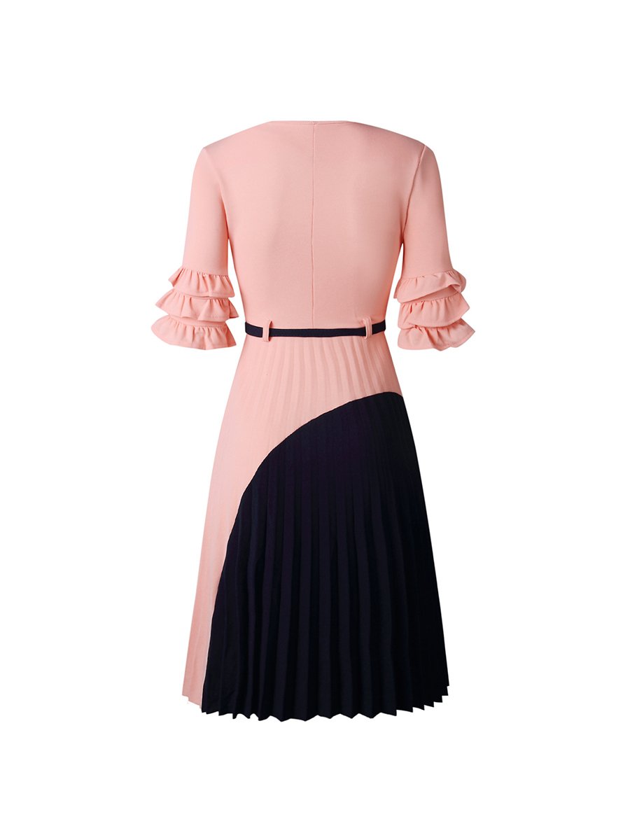 Womens Dress O-neck Contrast Color Draped  Midi Dress With Belt