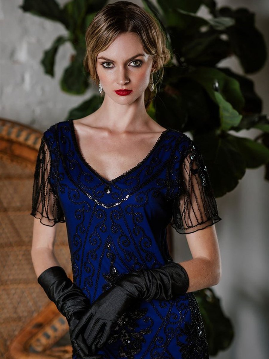 1920s Dress Hand-embroidered Beaded Sequined V-neck Short-sleeved Dress