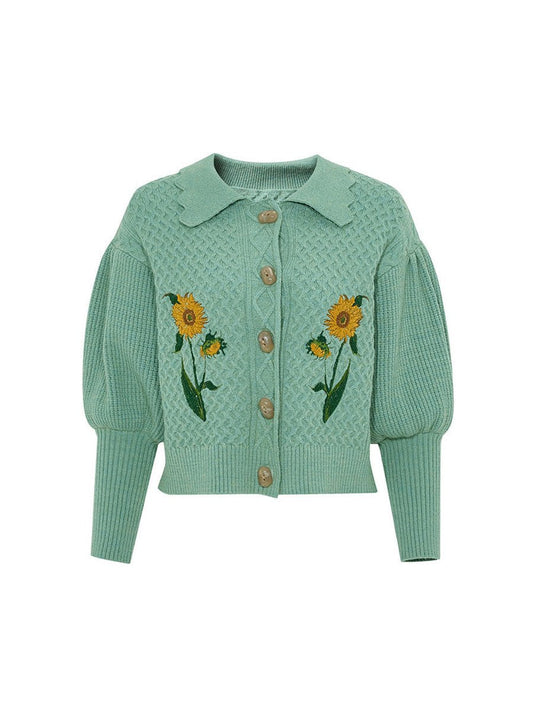 Women's Sweaters Vintage Lapel Sunflower Embroidery Puff Sleeve Knitted Sweater Cardigans