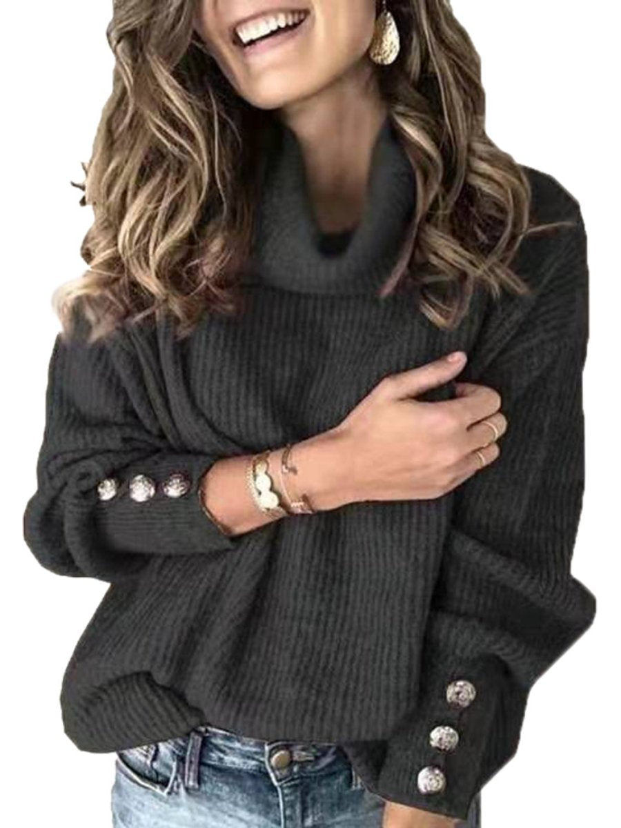 Women's Turtleneck Sweaters Button Decoration Lantern Sleeve Casual Knitted Sweaters