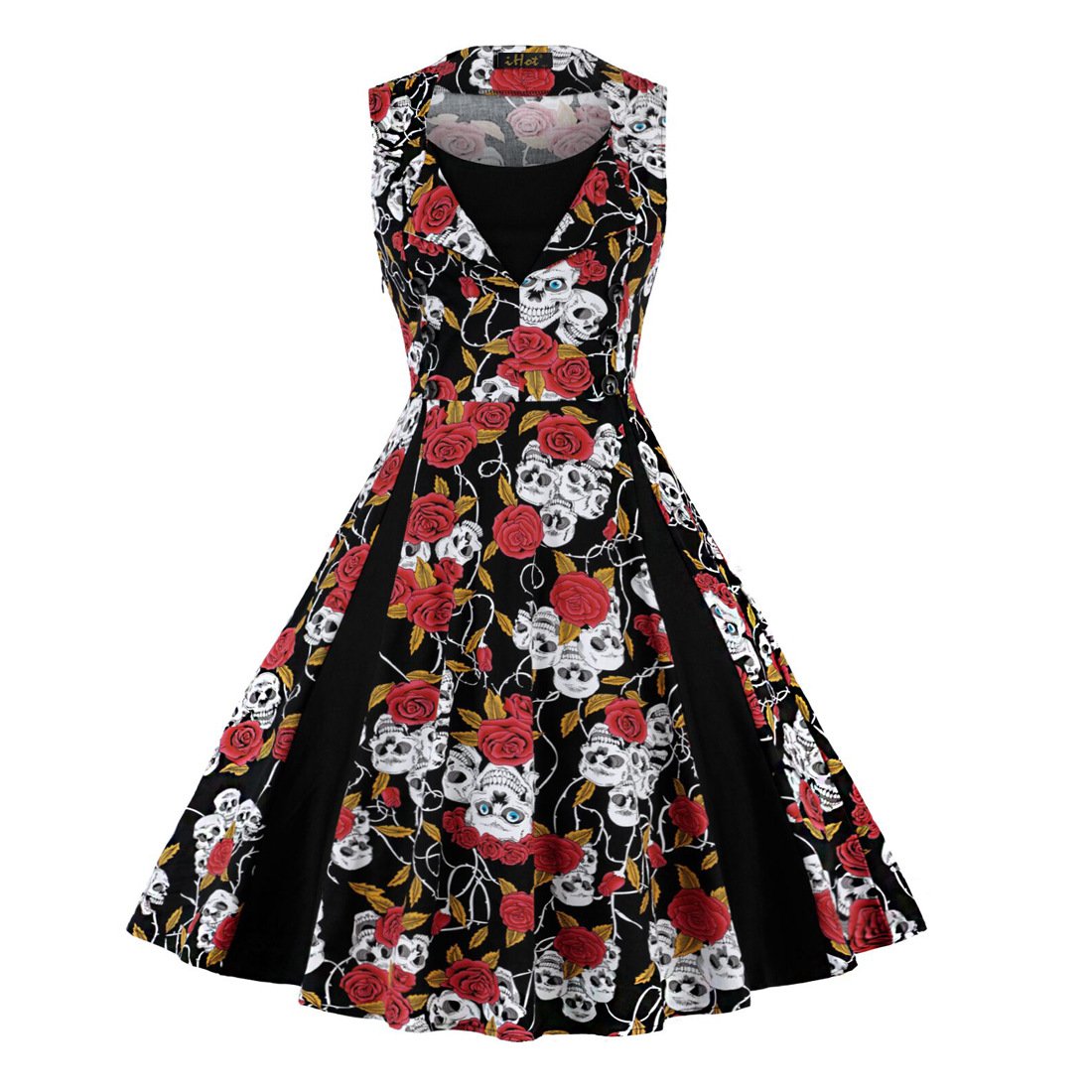 1950s Dresses Retro Rose Print Sleeveless Swing Dresses