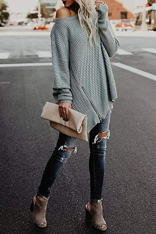 Zip Bat Sleeve Off-the-shoulder Sweater