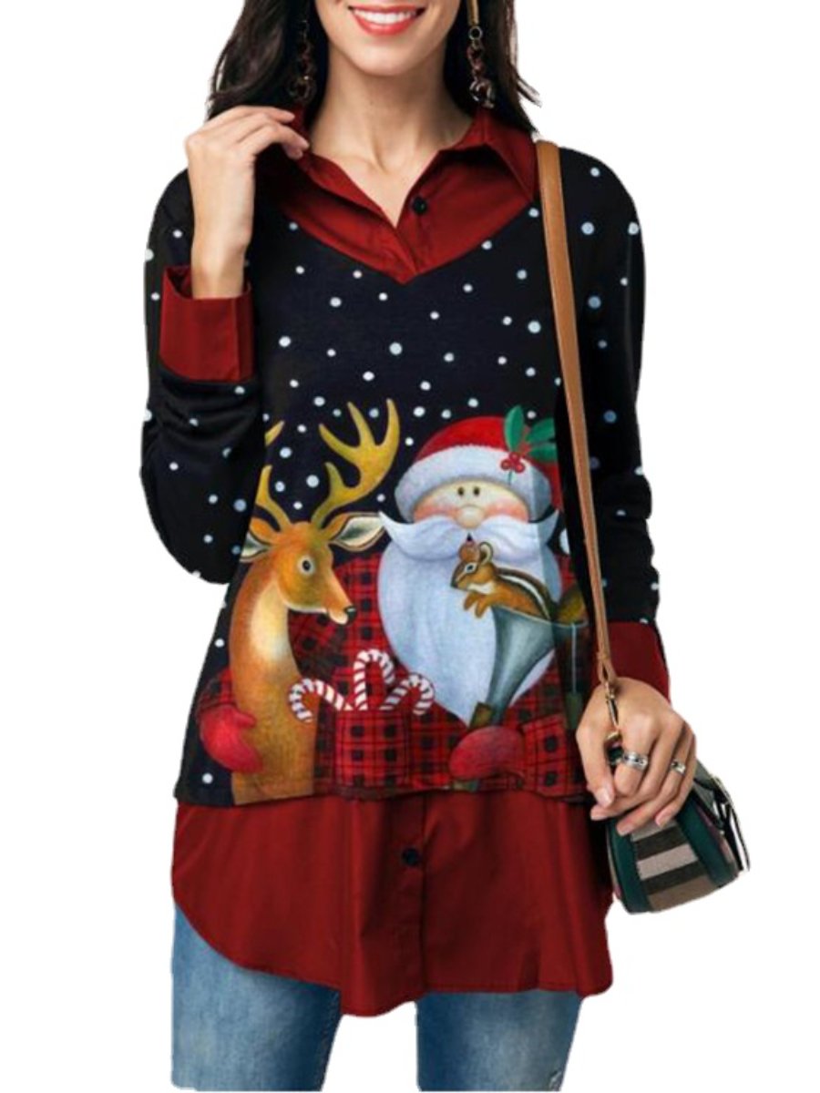 Women's Sweatshirts Long Sleeve Patchwork Lapel Printed Plus Size Christmas Tops