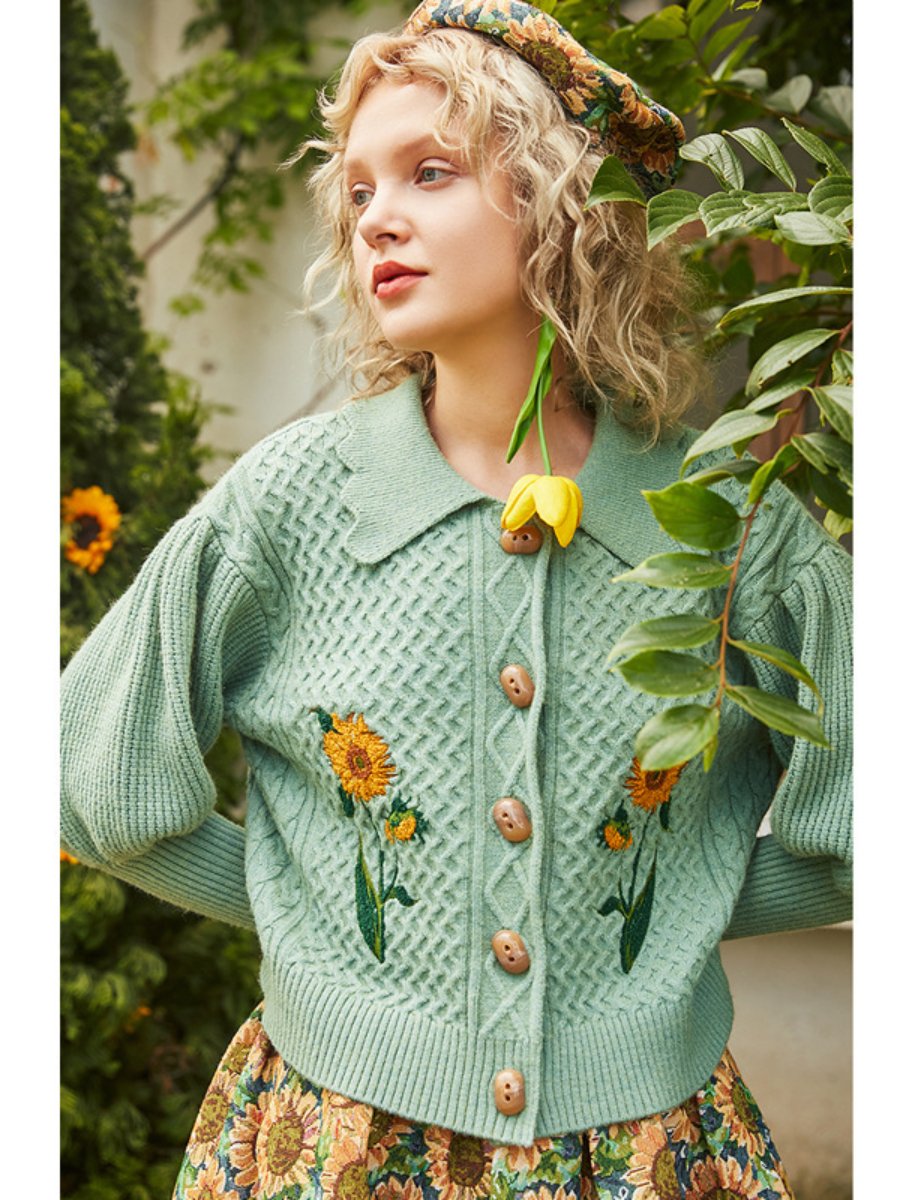 Women's Sweaters Vintage Lapel Sunflower Embroidery Puff Sleeve Knitted Sweater Cardigans