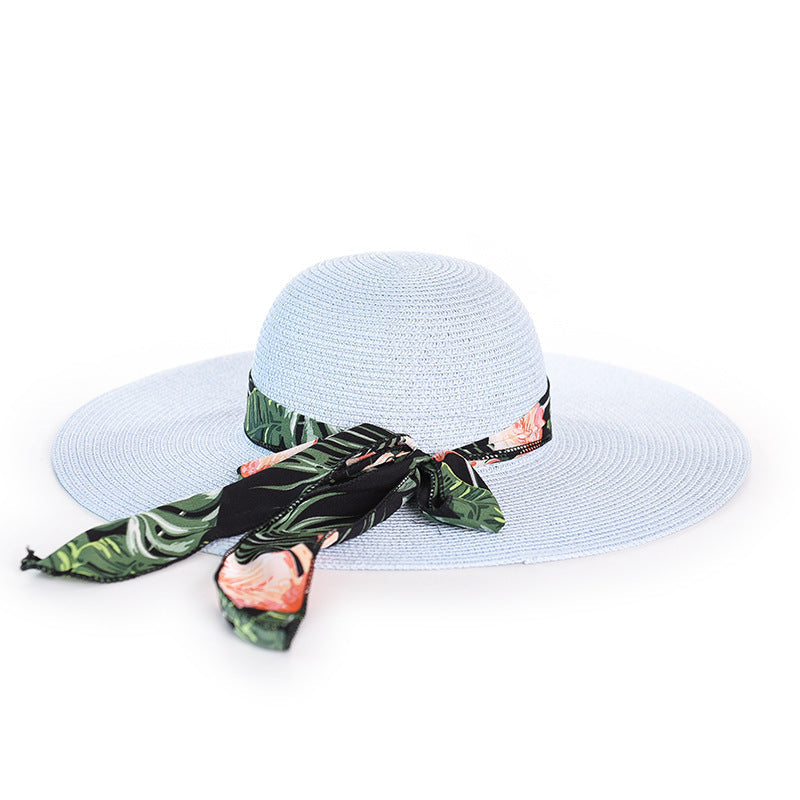 Women's Sun Hat Chiffon Streamer Large Brim Beach Straw Hat