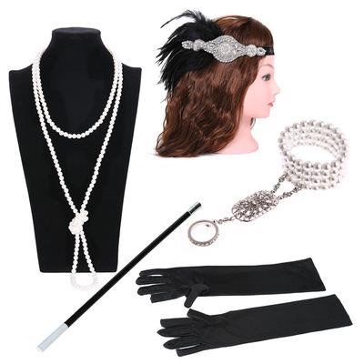 1920s Flapper Accessories Set/Feather Headband, Necklace, Gloves, Cigarette Holder & Bracelet