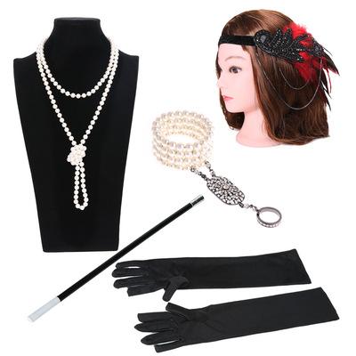 1920s Flapper Accessories Set/Feather Headband, Necklace, Gloves, Cigarette Holder & Bracelet