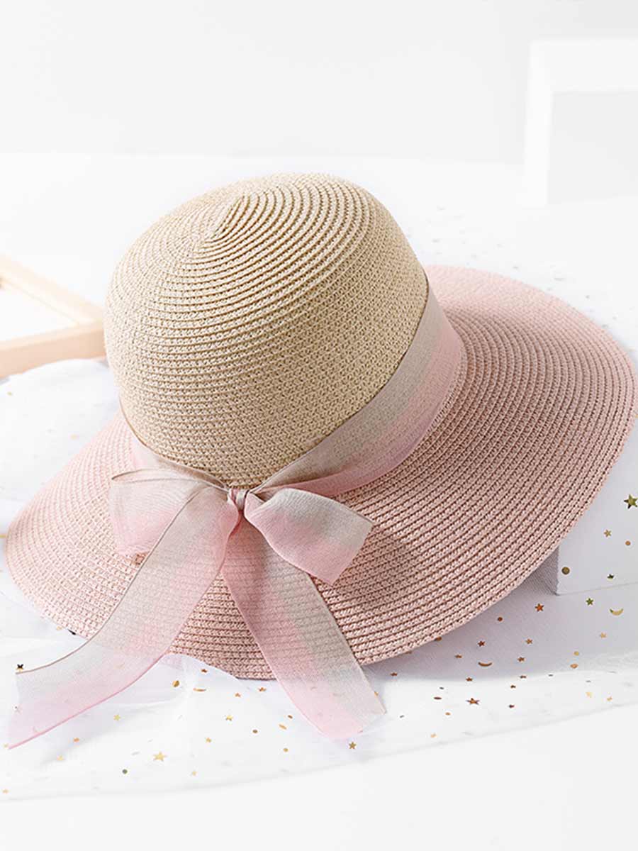 Women's Sun Straw Hats UV Protection Color Matching Ribbon Beach Travel Hats