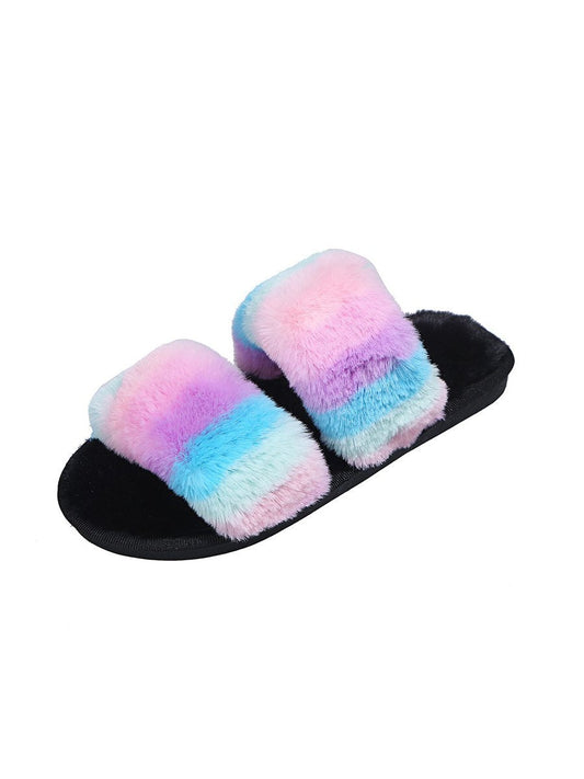 Women's Slippers Plush Open Toe Flat Slip On Fur Slippers