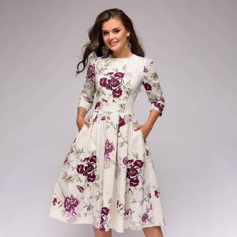 Women's Vintage Dress Floral Print 3/4 Sleeves Midi Evening Dress