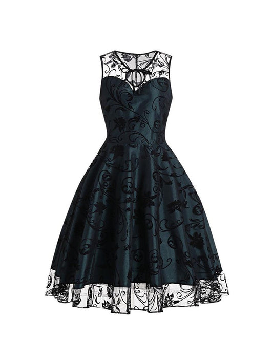 1950s Style Sleeveless Swing Dress Lace Flower Print A-line Dress