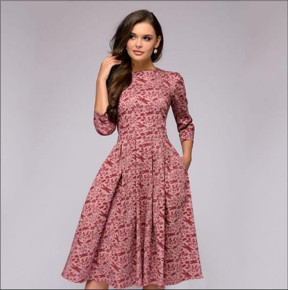 Women's Vintage Dress Floral Print 3/4 Sleeves Midi Evening Dress