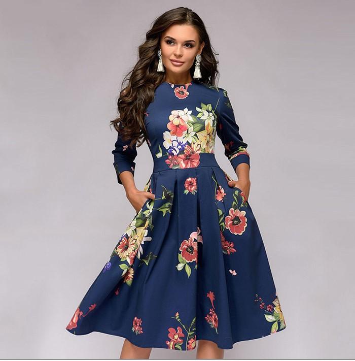 Women's Vintage Dress Floral Print 3/4 Sleeves Midi Evening Dress