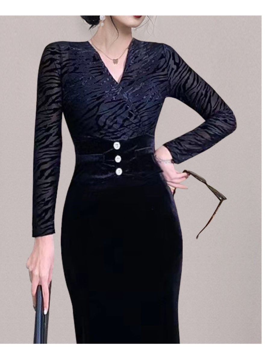 Women's Velvet Dresses V-neck Long Sleeve Patchwork Midi Bodycon Dress