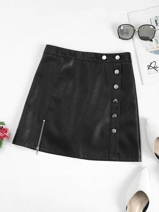 Zippered Front Mock Button PU Leather Mini Skirt
