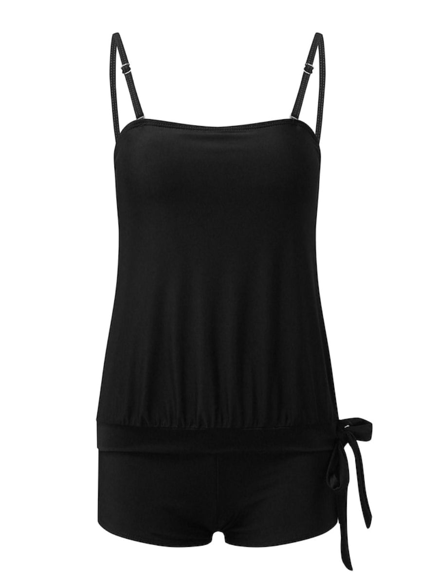 Women's Swimwear High Waist Backless Pure Color Strap Tankini Two Piece Swimsuit