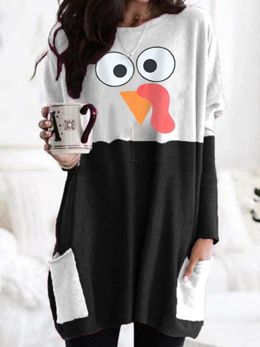 Women's T-shirts Thanksgiving Turkey Print Long Sleeve Pockets Casual Tops