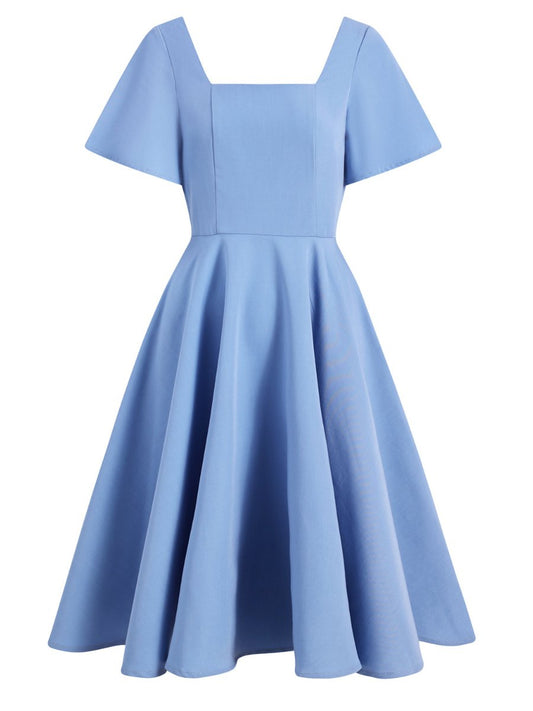 1950s Dress Square Collar Ruffled Sleeve Backless Plain Vintage Swing Dresses