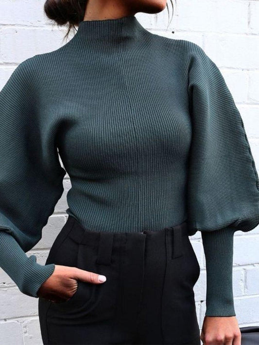 Women's Turtleneck Lantern Sleeve Solid Color Slim Fit Knitted Sweater