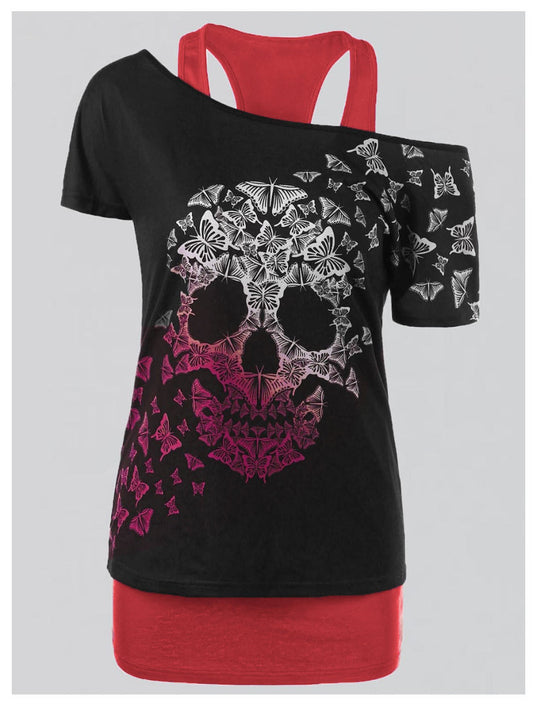 Women's T-shirt Stylish Skull Print Halter Neck Off The Shoulder Vest Top