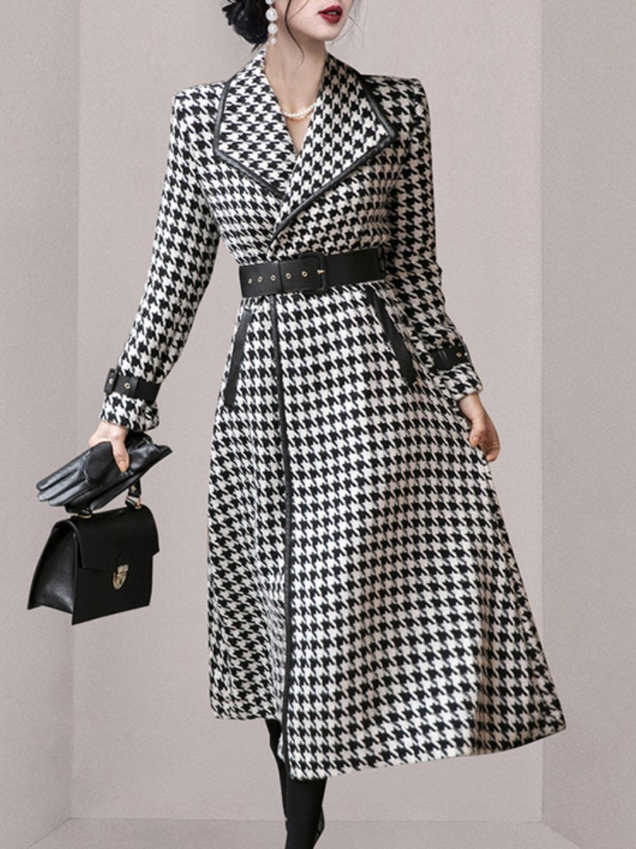 Women's Wool Coat Houndstooth Lapel Belt Buckle Long Winter Coats