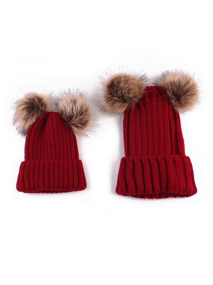 Woollen Hats Solid Color Parent-child Double Wool Ball Elasticity Knitted Hat