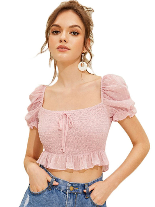 Womens Blouse Ruffled Hem Puff Sleeve Cute Slim Cropped Top