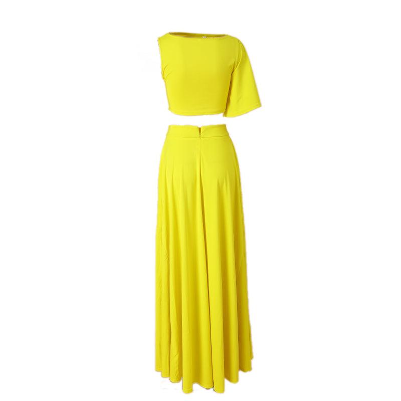 Yellow Two Piece One Short Sleeve Pleated Midi Skirts