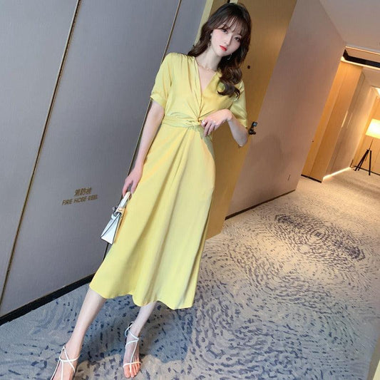 Yellow Ruffle V Neck Elegant Casual Dress